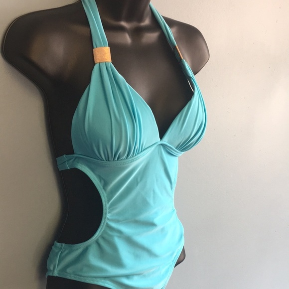 One Piece Swimsuit- Solid Aqua Blue Side Cutout Backless: Size Medium - Picture 2 of 8